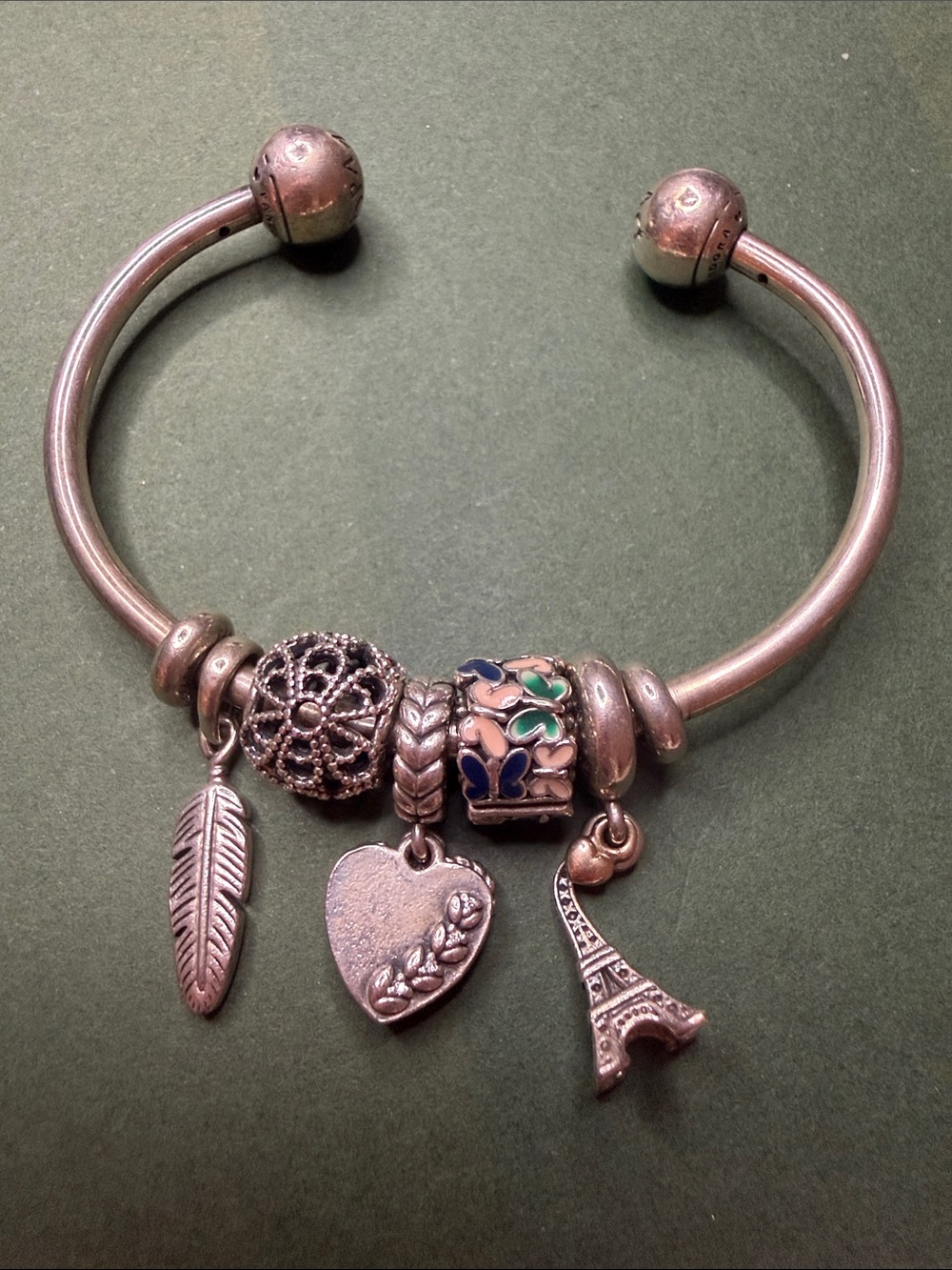 Pandora Silver Charm Cuff Bracelet with 5 charms